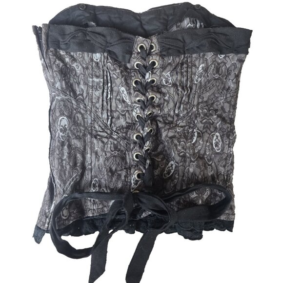 Tripp NYC Corset Top Small Black Gray Sugar Skull Lace-Up Goth Emo Y2K - Picture 2 of 11